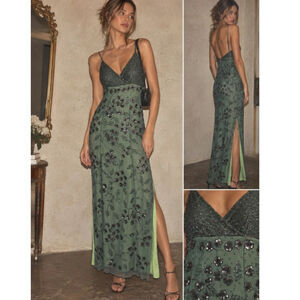 Vintage Y2K Cache 100% Silk Beaded Floral Slip Dress Green Blue Sequin Size M